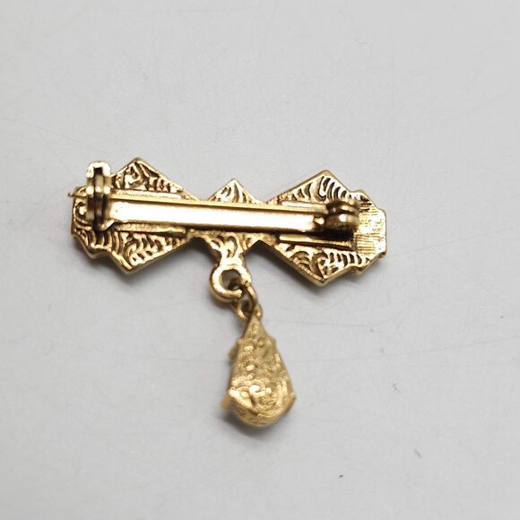 Vintage 1928 Gold Tone Bow Brooch With Clear Rhinestone Drop - Picture 3 of 4